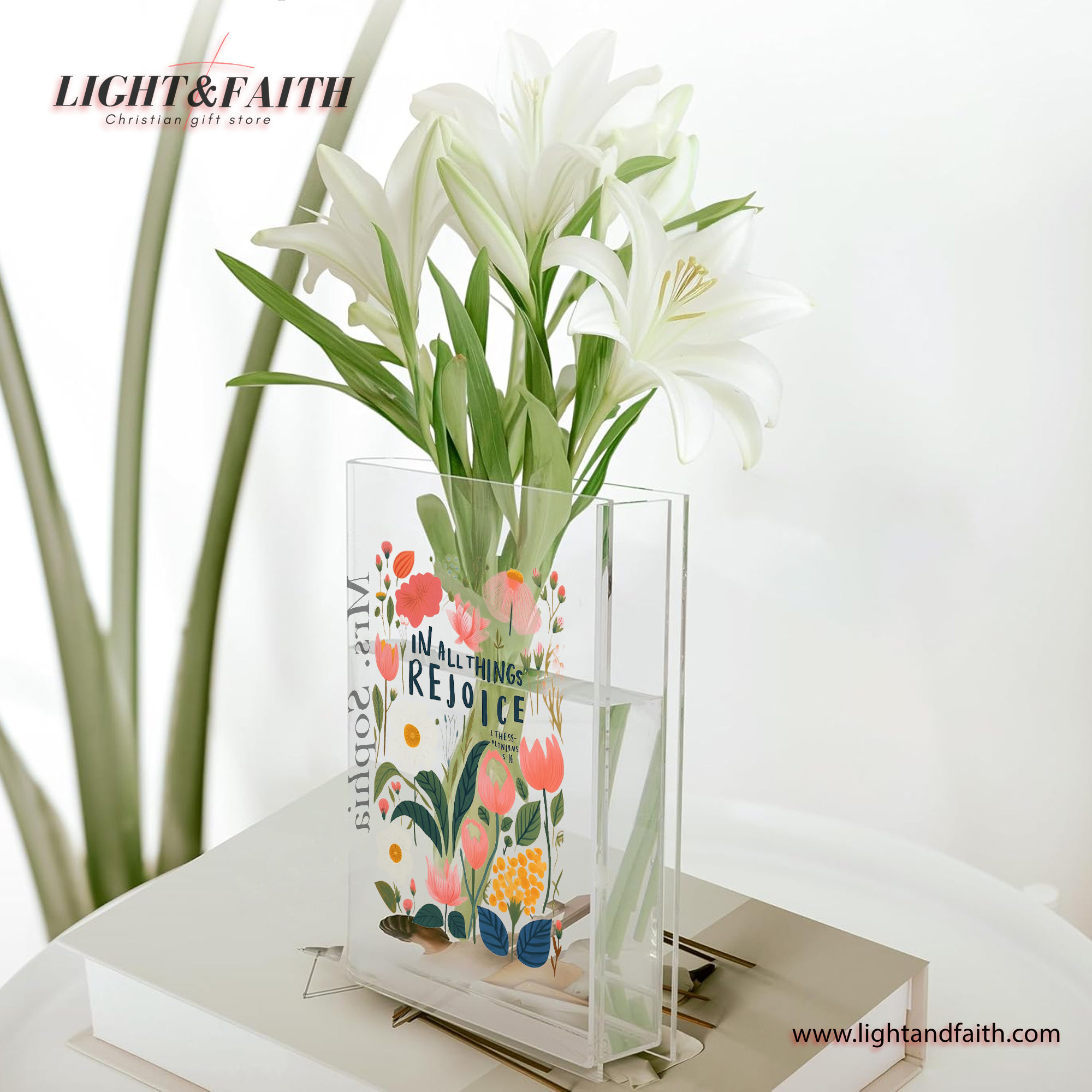 In All Things Rejoice Book Vase, Christian Book Vase, Faith Book Vase, Bible Verse Book Shaped Flower Vase